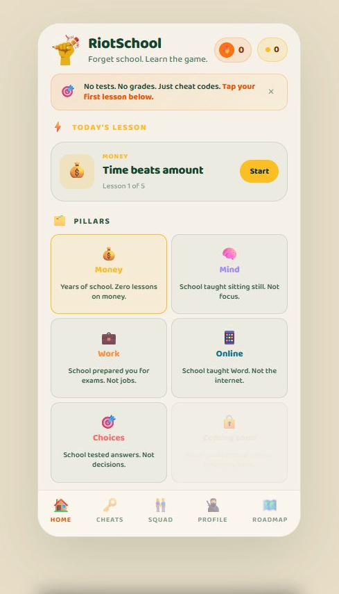 The home dashboard with five pillars and today's lesson.