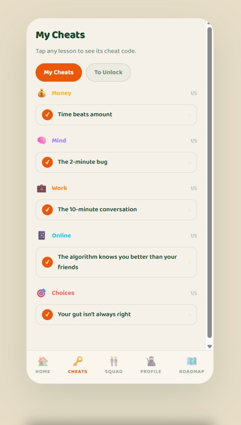 My cheats — the collected cheat codes you've earned.